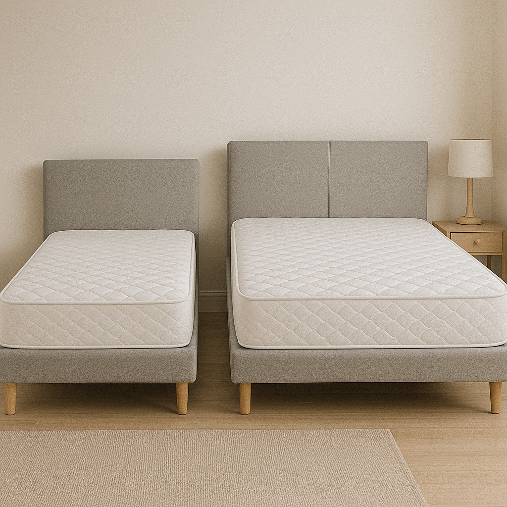 A modern bedroom with a single mattress and a small double mattress side by side, showing the difference in size and fit for various sleeping needs.