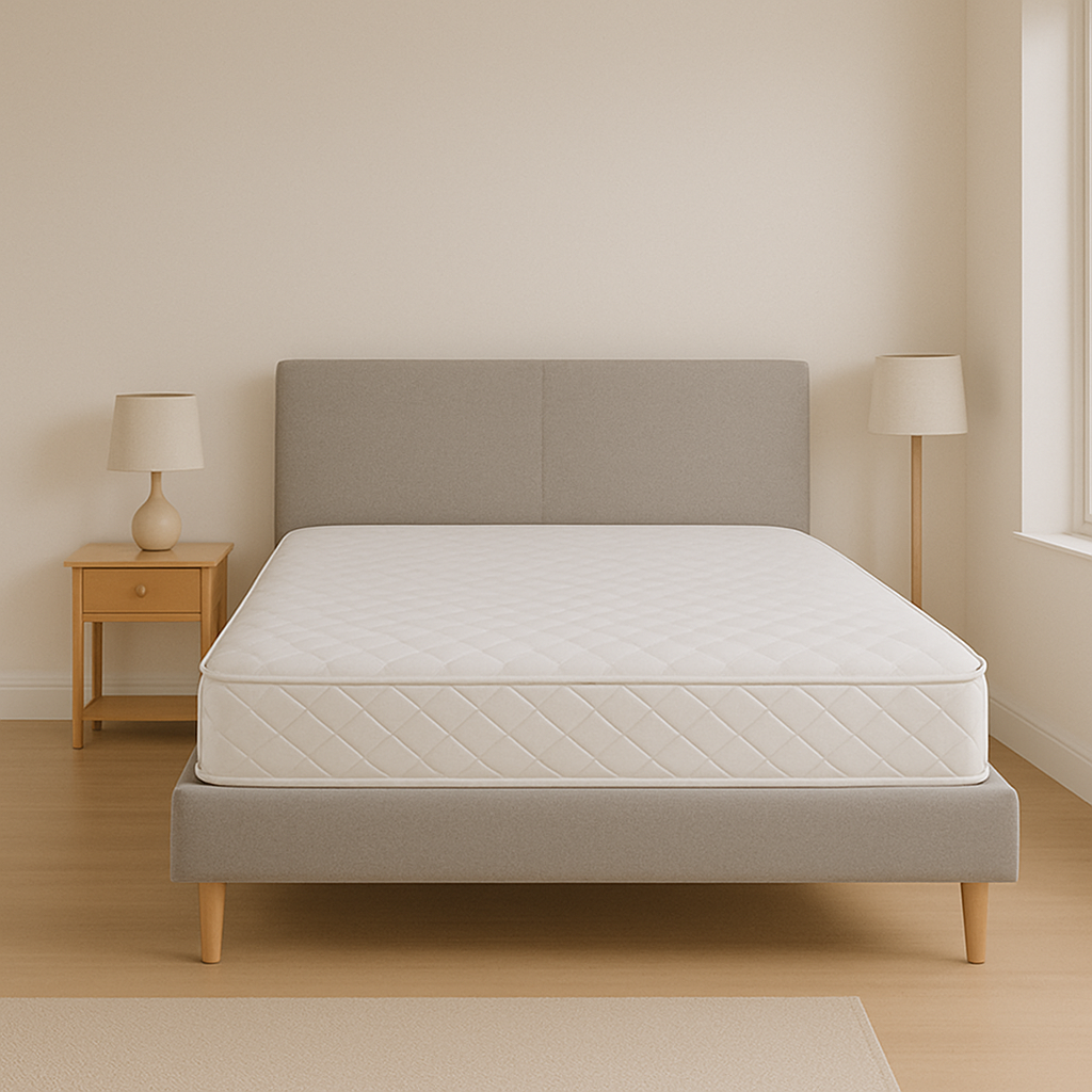 Minimalist modern bedroom with a neatly made bed, neutral furniture, and soft natural daylight, representing smart bed-buying decisions and good bedroom setup.