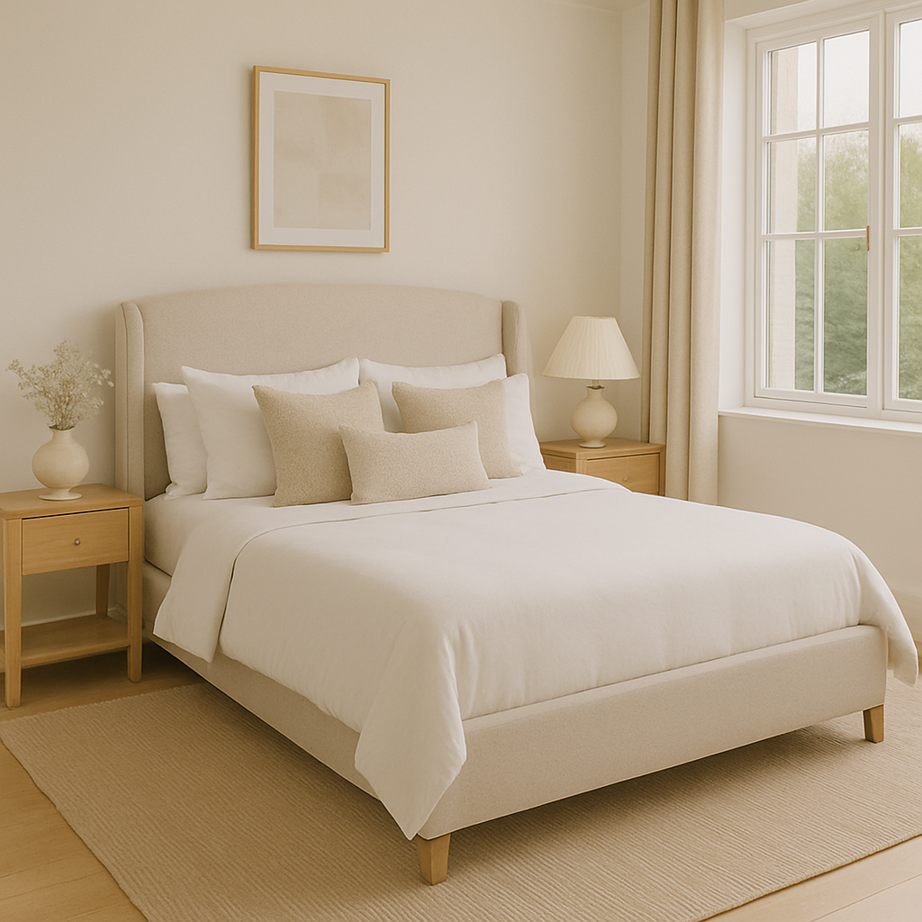 Cozy neutral-toned bedroom with an upholstered bed, layered pillows, wooden bedside tables, and soft natural light — illustrating an elegant, luxury-inspired space created on a budget.
