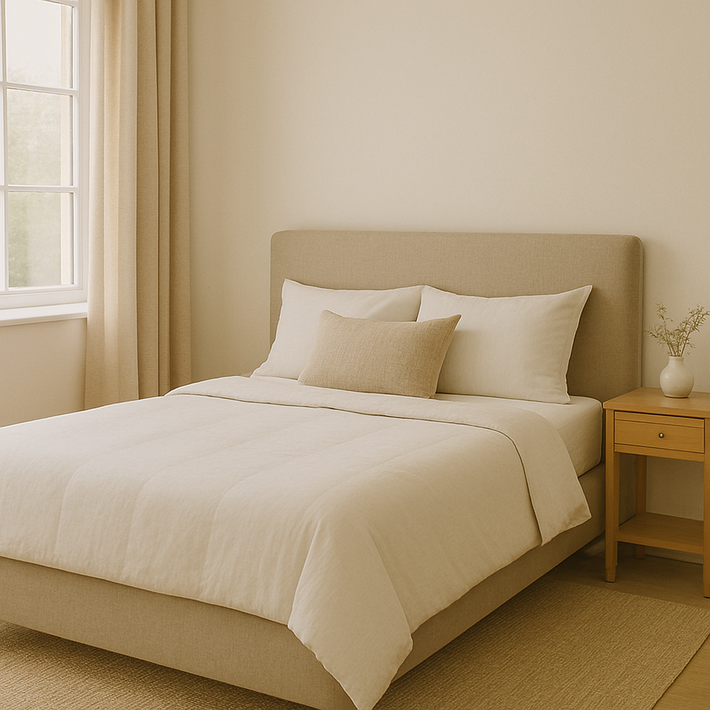 Neutral modern bedroom with a neatly made upholstered bed, soft layered bedding, and natural sunlight — symbolizing a fresh, well-maintained mattress and restful sleep environment