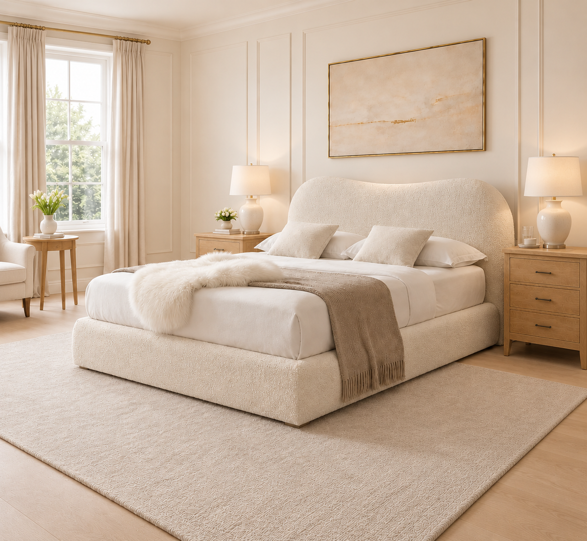 Egerie Curved Headboard Beige Boucle Bed