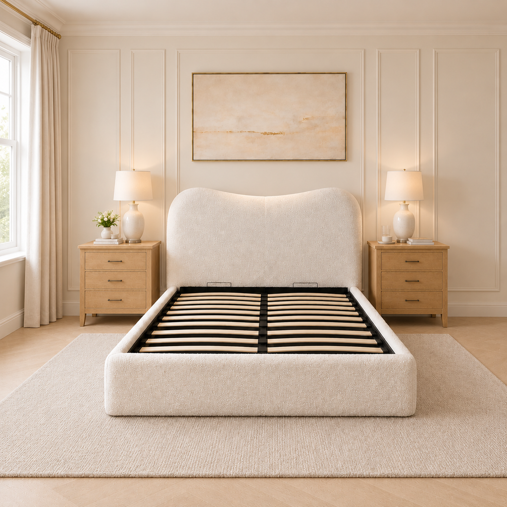 Egerie Curved Headboard Beige Boucle Bed