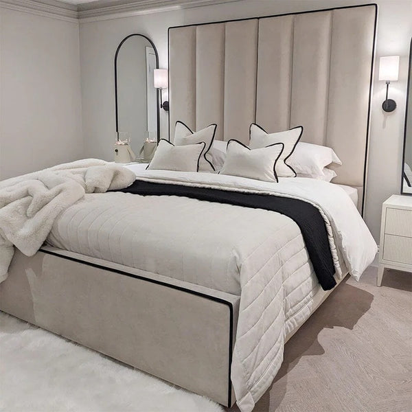 Herringbone Luxury Panelled Bed With Contrast Black Piping