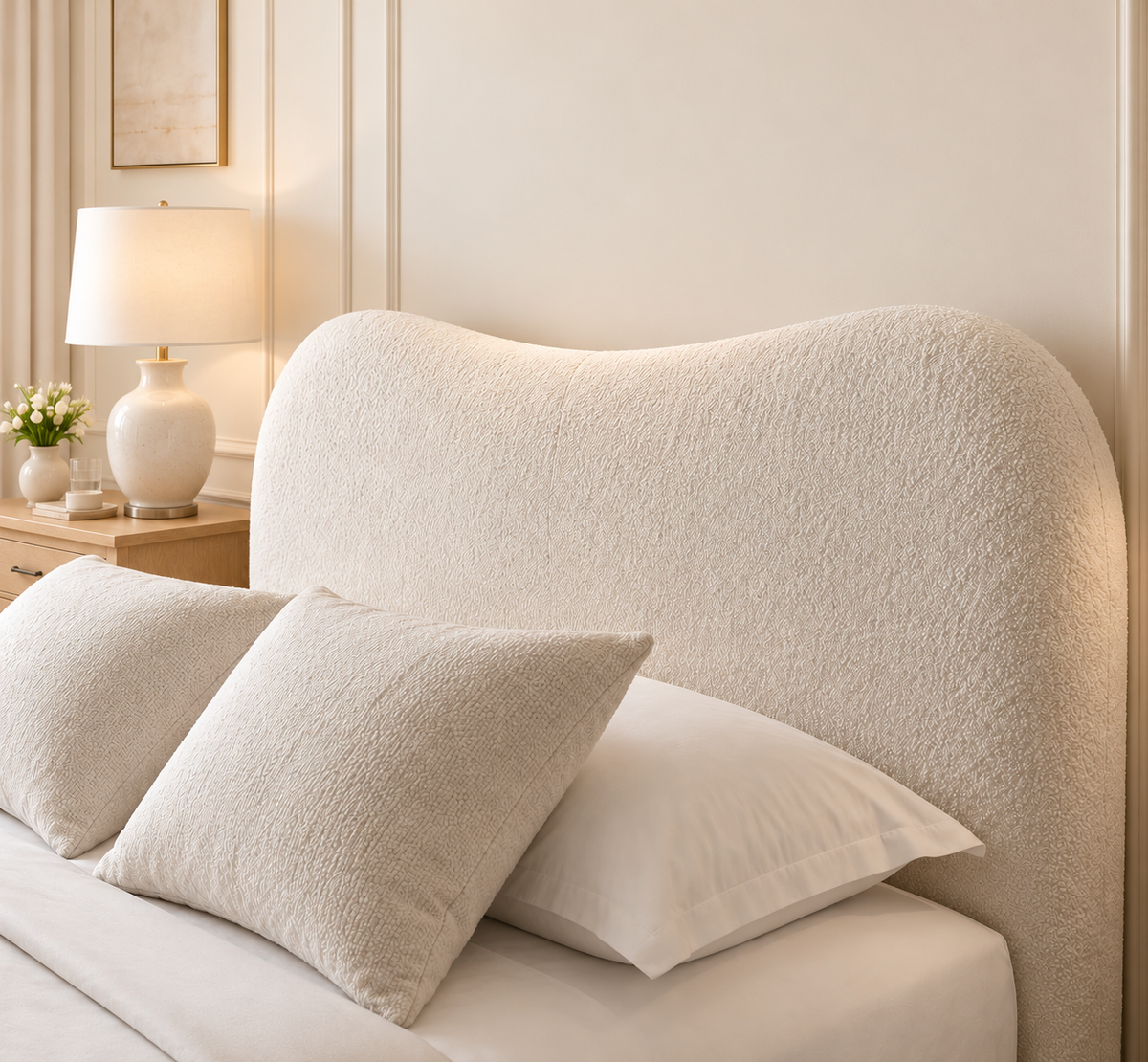 Egerie Curved Headboard Beige Boucle Bed